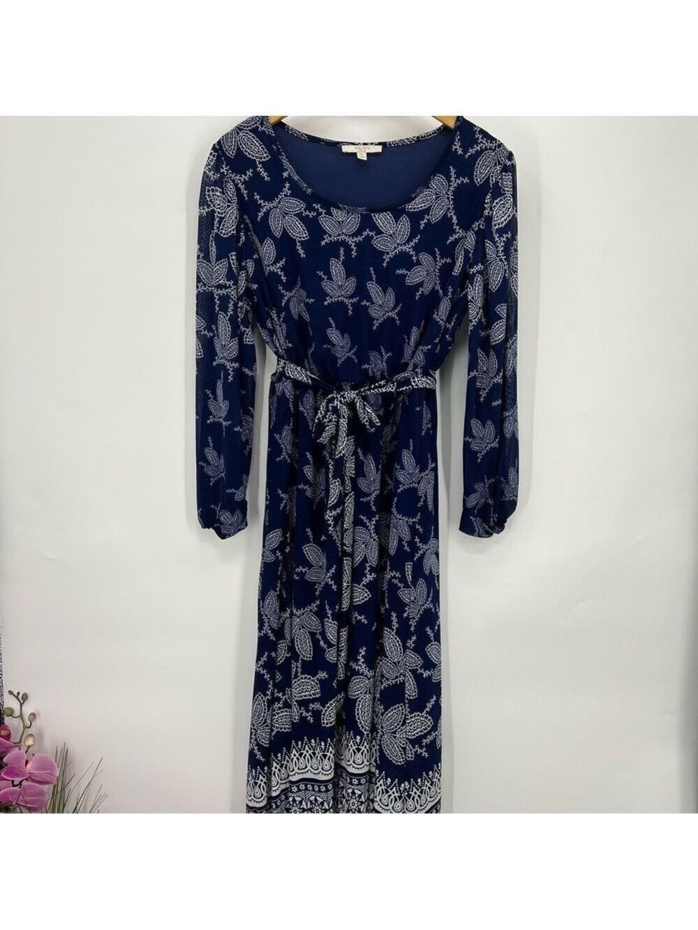 Elegant Navy Blue Floral Dress Midi Scoop Neck Long Sleeve